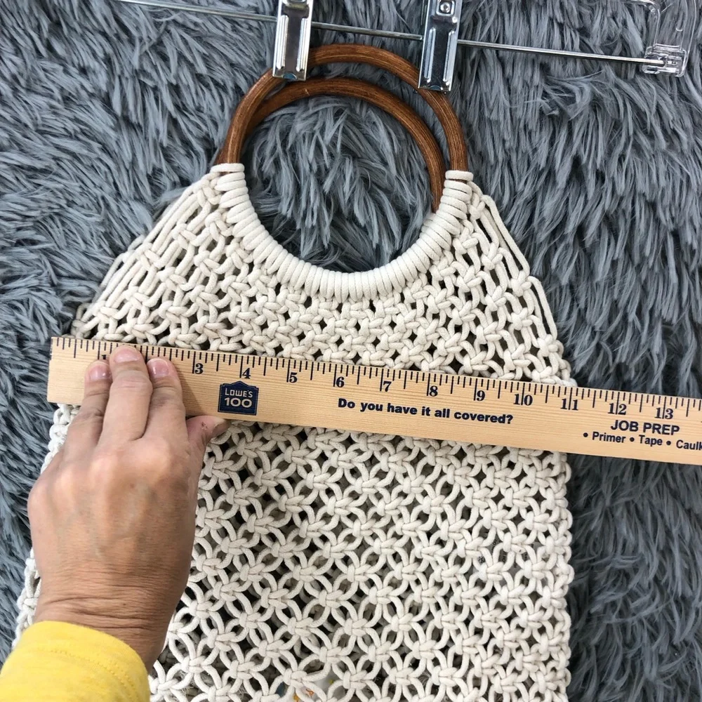 Crossi Purse Beige Boho Wood Double Handle Macrame Hand Bag